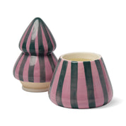 Pink and green striped ceramic tree candle on white background