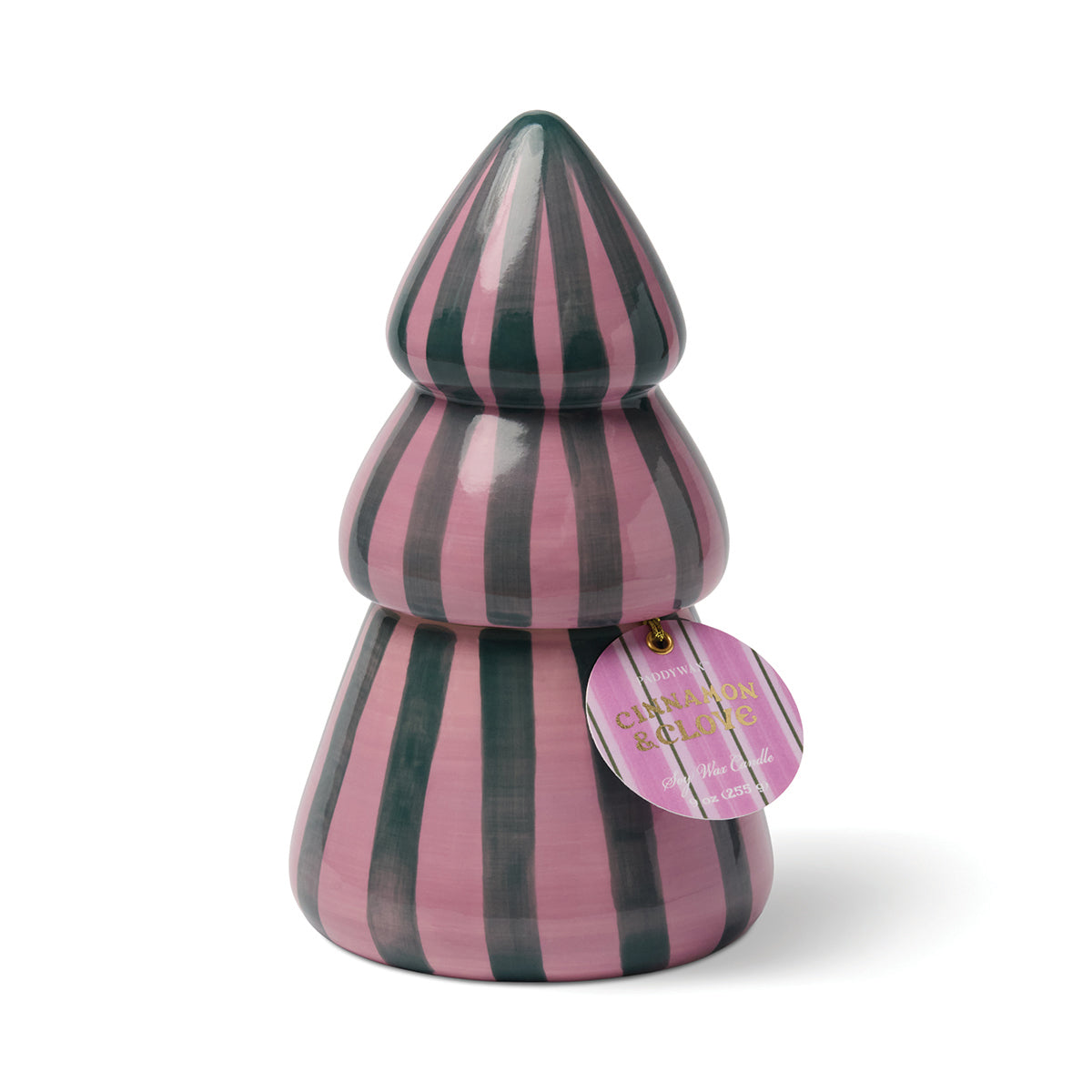 Cabana Christmas Tree Candle in Cinnamon & Clove, pink and green striped ceramic tree
