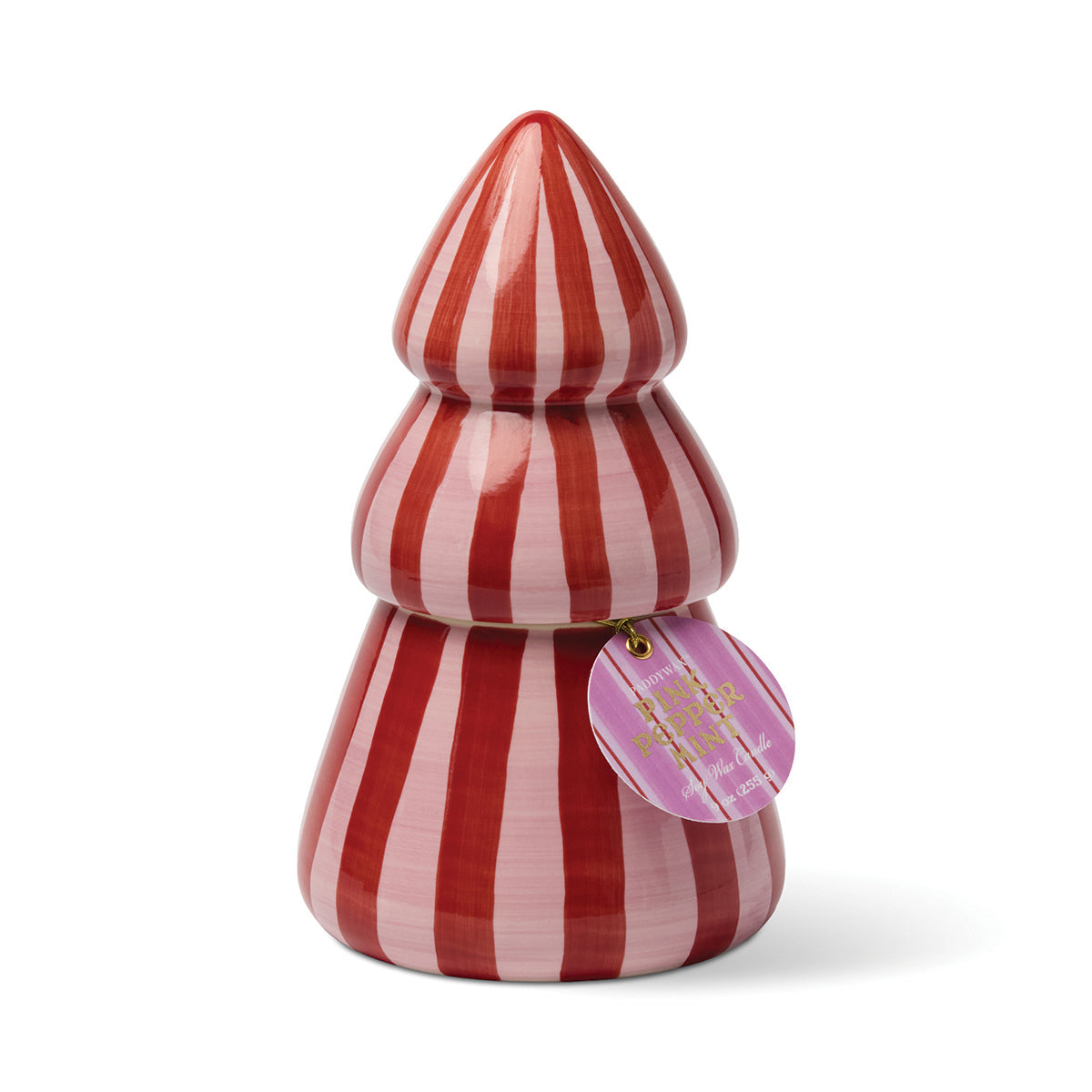 Cabana Christmas Tree Candle in Pink Peppermint, red and pink striped ceramic tree