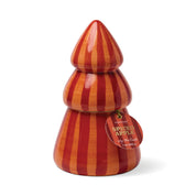 Cabana Christmas Tree Candle in Spiced Apple, red and coral striped ceramic tree